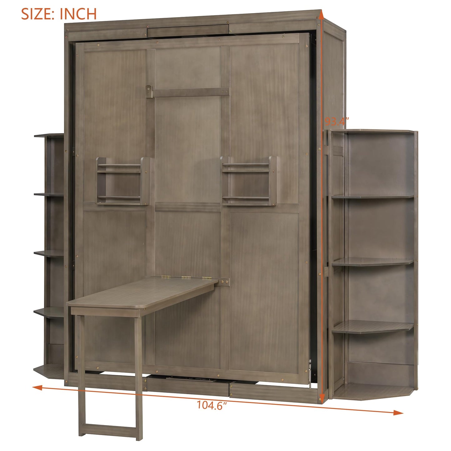 Rotating Full Murphy Bed with Hidden Wall Cabinet, Dual 3-Tier Side Shelves, Convertible Desk, Extra Storage Racks, Space-Saving Multifunctional Wall Bed for Home Office &Small Rooms, Gray