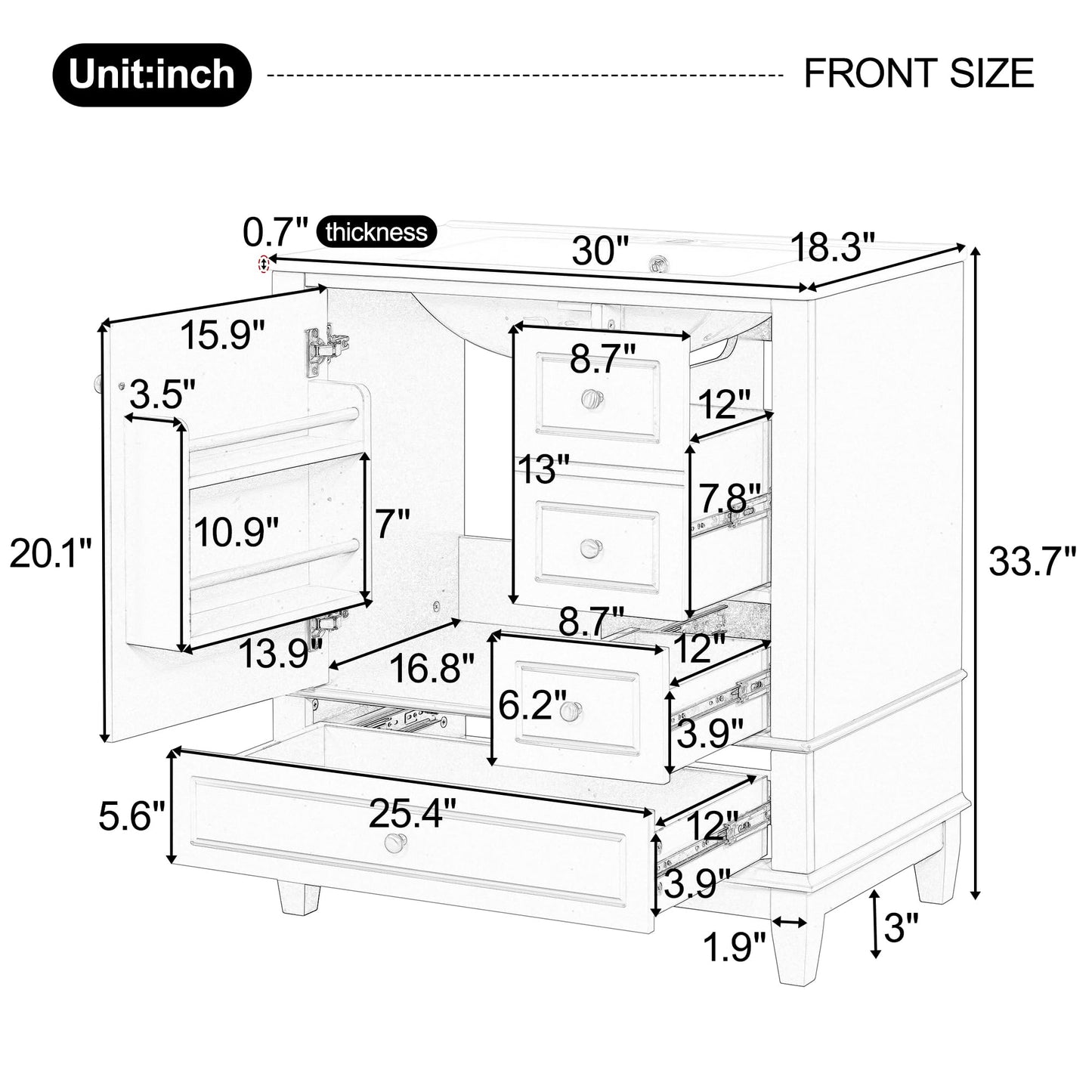 30" Bathroom Vanities with Ceramic Sink, Storage Cabinet with 3 Drawers and Door Shelf, Soft-Closing Door, Solid Wood Legs, White