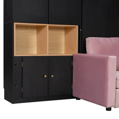 DNYN Queen Size Murphy Bed with Large Sofa and Storage Shelves for Bedroom/Guest/Study Room, Space-Saving Wooden Foldable Wall Bed Frame with Dual LED and Cabinets, No Box Spring Needed
