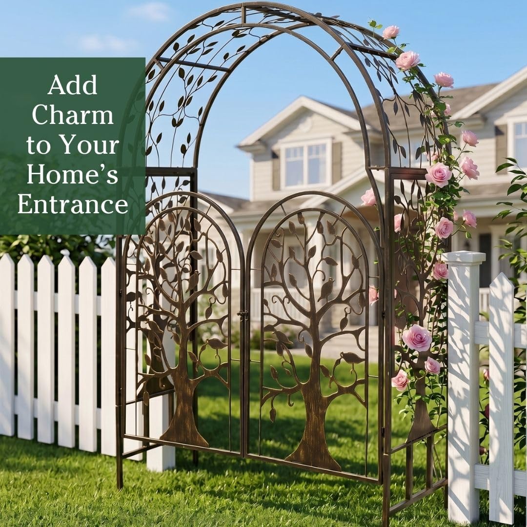 Plow & Hearth Metal Tree of Life Arched Garden Arbor with Gate | 7 feet Tall Laser-Cut Design | Plant Support for Heavy Vines | Landscape Focal Point | Iron Steel
