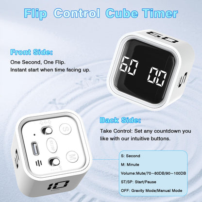 Cube Pomodoro Timer, Smart Productivity Timer 5/10/30/60 Minutes & Custom Countdown, Pause & Resume, Adjustable & Silent Visual Timer, Portable Rotation Multi Desk Timer for Study Task Work Kitchen