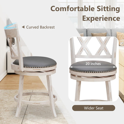 COSTWAY Bar Stool Set of 4 for Kitchen Island, 25.5” Swivel Armless Counter Height Stools with 20'' Wider Padded Seat, Ergonomic Curved Backrest, Rubber Wood Frame (4, Antique White + Gray)