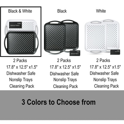 Large Anti-Slip Serving Tray with Handles, Dual Rubber Grippy Lap Food Trays for Eating, Dinning, Breakfast, on Couch/TV, Black & White - Set of 2
