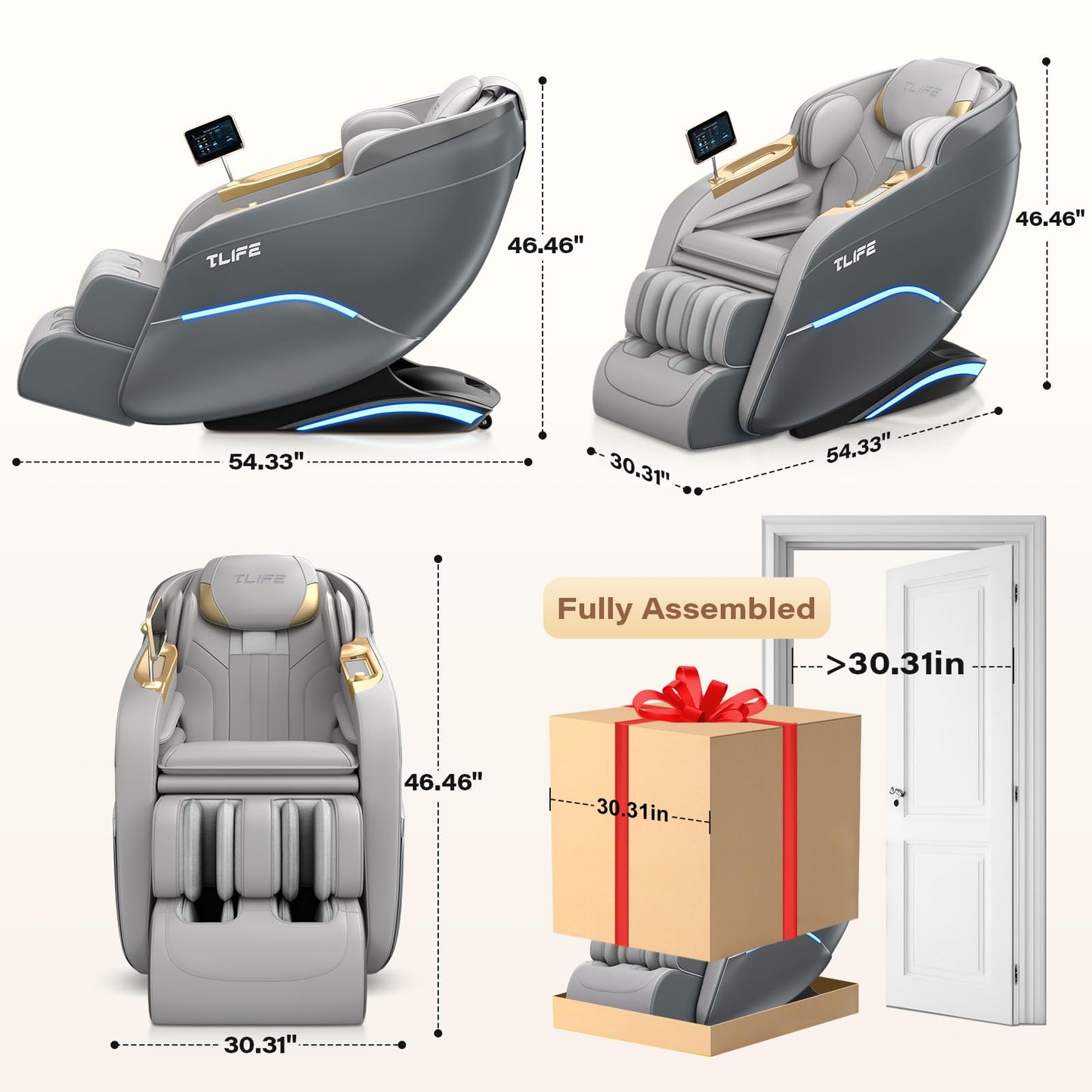 TLIFE Massage Chair Full Body, 160°Zero Gravity Recliner with Body Scan, 50" SL-Track Shiatsu Massage Chair, Fixed Point Massage, Foot Rollers, 12 Auto Modes, Deep Yoga Stretch, Heating, Grey