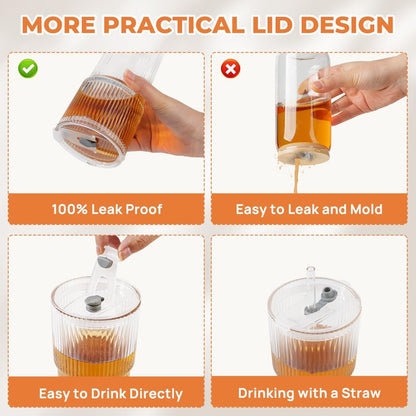 2 Pack 20 Oz Glass Cups with Lids and Straws Iced Coffee Cups Vintage Ribbed Glassware for Beer Ice Coffee Fruit Juice Elegant Aesthetic Cup Glass Iced Coffee Tumbler Include 1 Cleaning Brushes