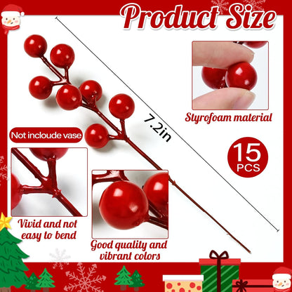 60 12.9" Waipfaru Pcs Christmas Artificial Pine Branches, Faux Evergreen Norfolk Pine with Red Berry Stems, Greenery