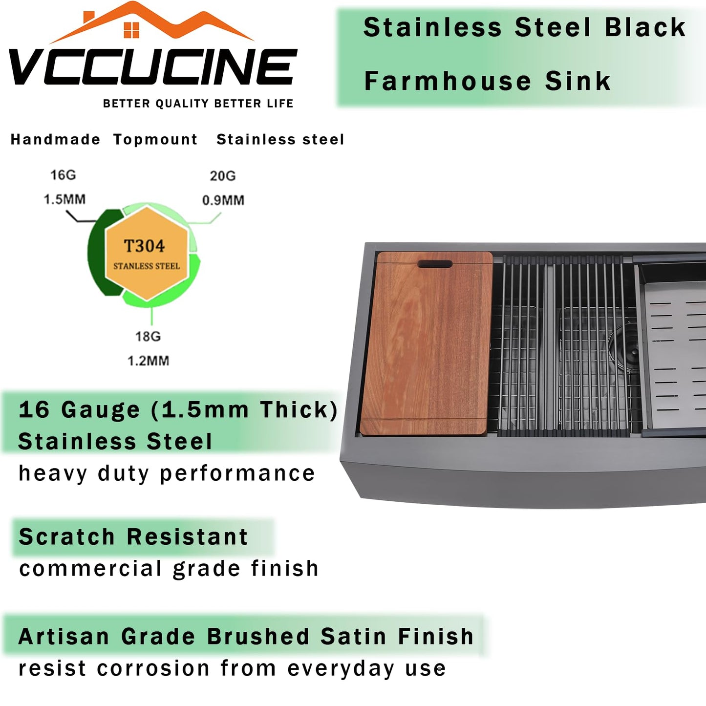 VCCUCINE 33 Inch Gunmetal Black Double Farmhouse Sink, 33X22 Double Bowl Farmhouse Kitchen Sink, 16 Gauge 50/50 Stainless Steel Apron Front Farm Sink, Workstation Farmer Sink With Accessories