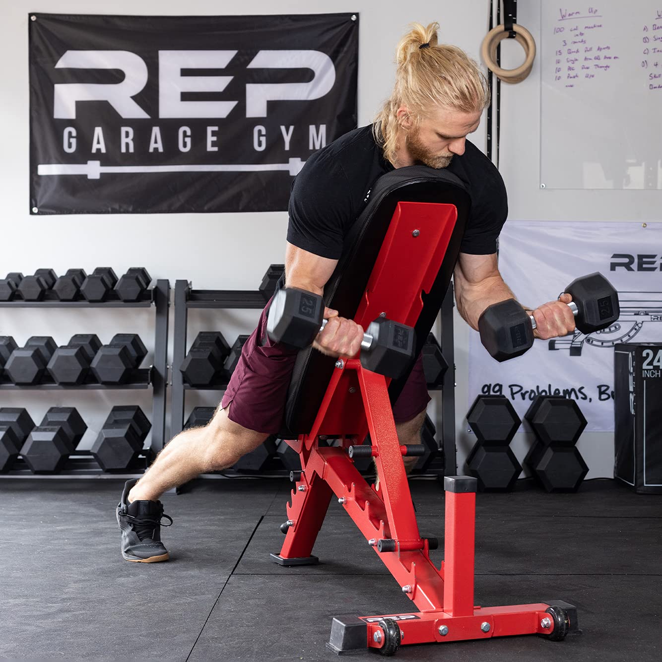 REP Fitness Rubber Hex Dumbbells, Includes Red Rack, 5–50 lb Weight Pairs, Heavy-Duty Sets, Textured Handles, Bundled Package for Men & Women, Home Gym Strength Training, Lifting and Muscle Growth