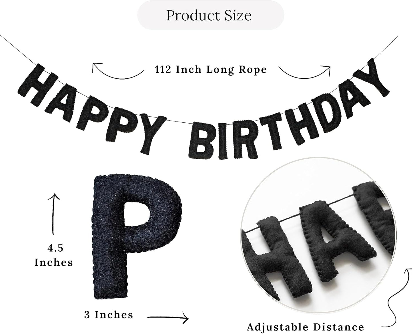 Happy Birthday Felt Fabric Banner, Black Birthday Garland, Reusable Elegant Decoration for Birthday Party