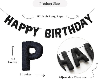 Happy Birthday Felt Fabric Banner, Black Birthday Garland, Reusable Elegant Decoration for Birthday Party