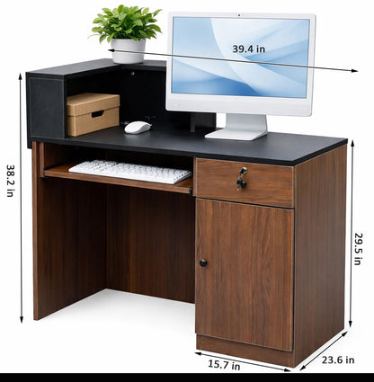 Modern Reception Desk with Storage Drawer & Counter Shelf, 39.4" Front Counter Reception Table for Office, Salon, Lobby, Retail Store (Walnut, Left Table)