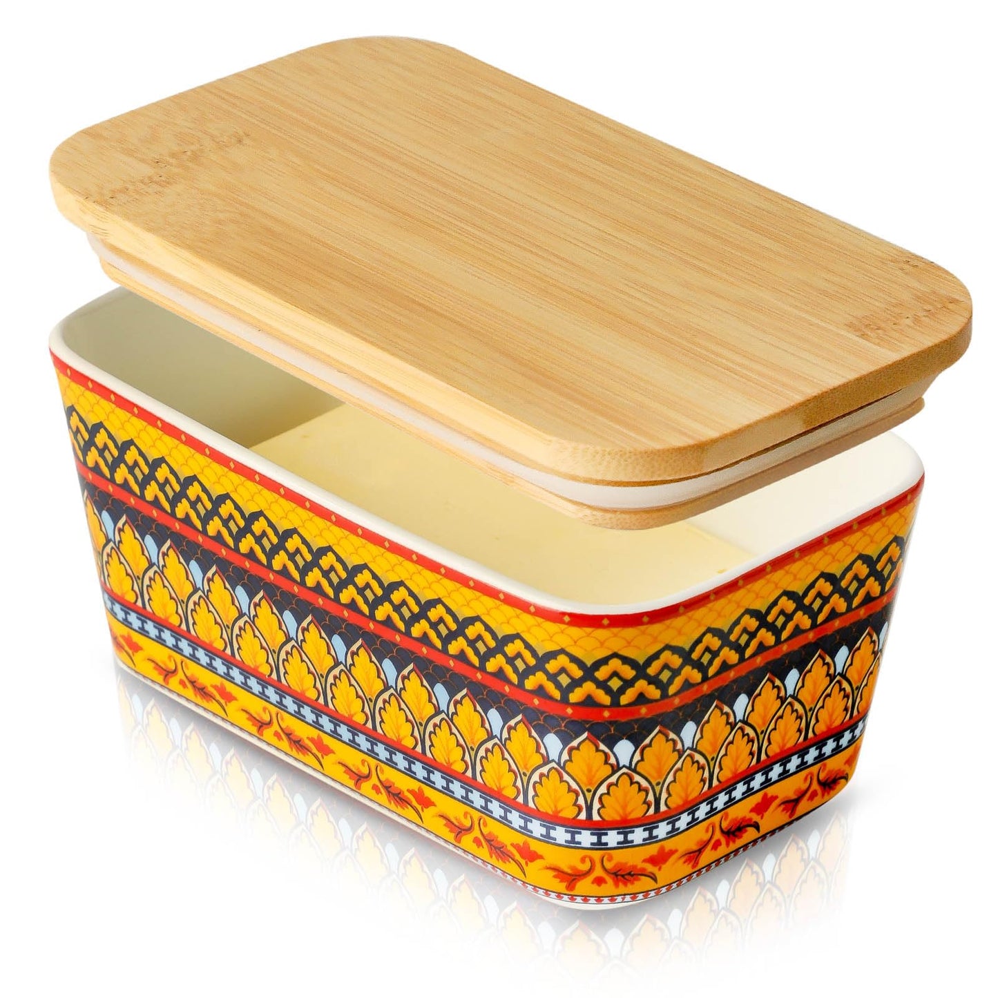 JINGUS Butter Dish, Large Ceramic Bohemian Butter Dish with Lid for Countertop, Airtight Butter Container Holder Keeper Box Storage with Bamboo Cover and Silicone Ring for East West Coast