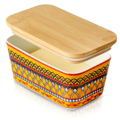 JINGUS Butter Dish, Large Ceramic Bohemian Butter Dish with Lid for Countertop, Airtight Butter Container Holder Keeper Box Storage with Bamboo Cover and Silicone Ring for East West Coast