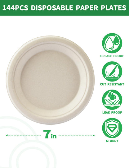 100% Compostable 7 Inch Paper Plates [144-Pack] - Biodegradable Sugarcane Bagasse Dessert Plates for Cake, Appetizers, Salads | Heavy Duty Disposable Plates for Kids Birthday & Holiday Party Supplies