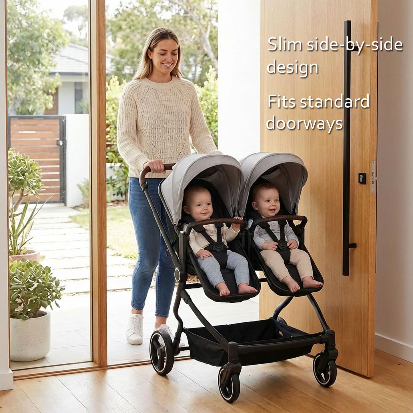 TALENBEEN Double Stroller for Infant and Toddler, Lightweight Side by Side Twin Baby Stroller, 26.8" Slim Design Fits Doors, Compact Foldable Travel Stroller, Independent Recline, Gray