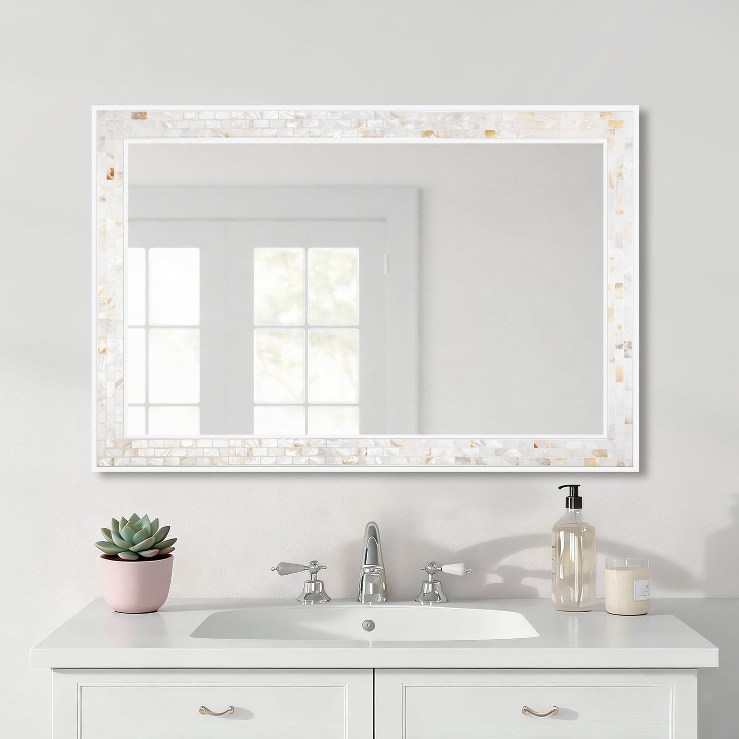 White Framed Bathroom Mirrors for Wall, 20x28 Inch Mother of Pearl Inlay Mirrors with Tempered Glass for Bathroom Bedroom or Living Room (Horizontal/Vertical Hanging)