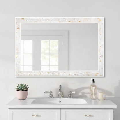 White Framed Bathroom Mirrors for Wall, 20x28 Inch Mother of Pearl Inlay Mirrors with Tempered Glass for Bathroom Bedroom or Living Room (Horizontal/Vertical Hanging)
