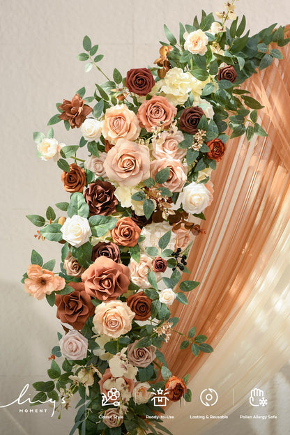 Ling's moment Wedding Arch Backdrop Stand with Flowers - 7.2FT, 6FT Set of 2 Metal Arch Frame with Drape for Ceremony Decor - Artificial Floral Birthday Party, Bridal Shower, Terracotta Orange