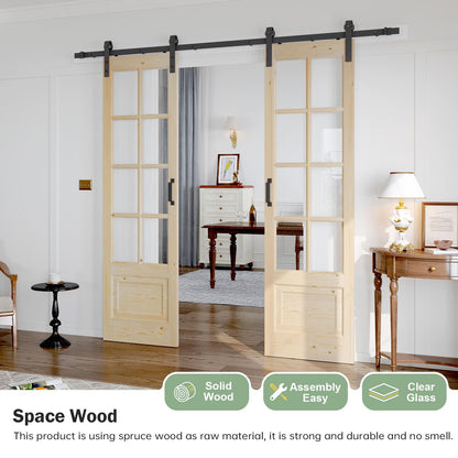 Roymelo Preassembled 48x84 (Double 24x84) Inch Clear Glass French Interior Door with 8Ft Barn Door Hardware Kit Included, Spruce Wood Support DIY Dyeing, Easy Assembly