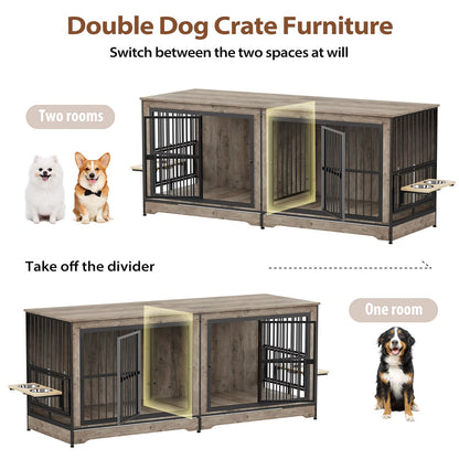 Rovibek 78 Double Dog Crate Furniture for 2 Large Dogs Indoor, Wooden Furniture Dog Crates with Dog Bowl, Dog Kennel Furniture TV Stand Large Breed Grey