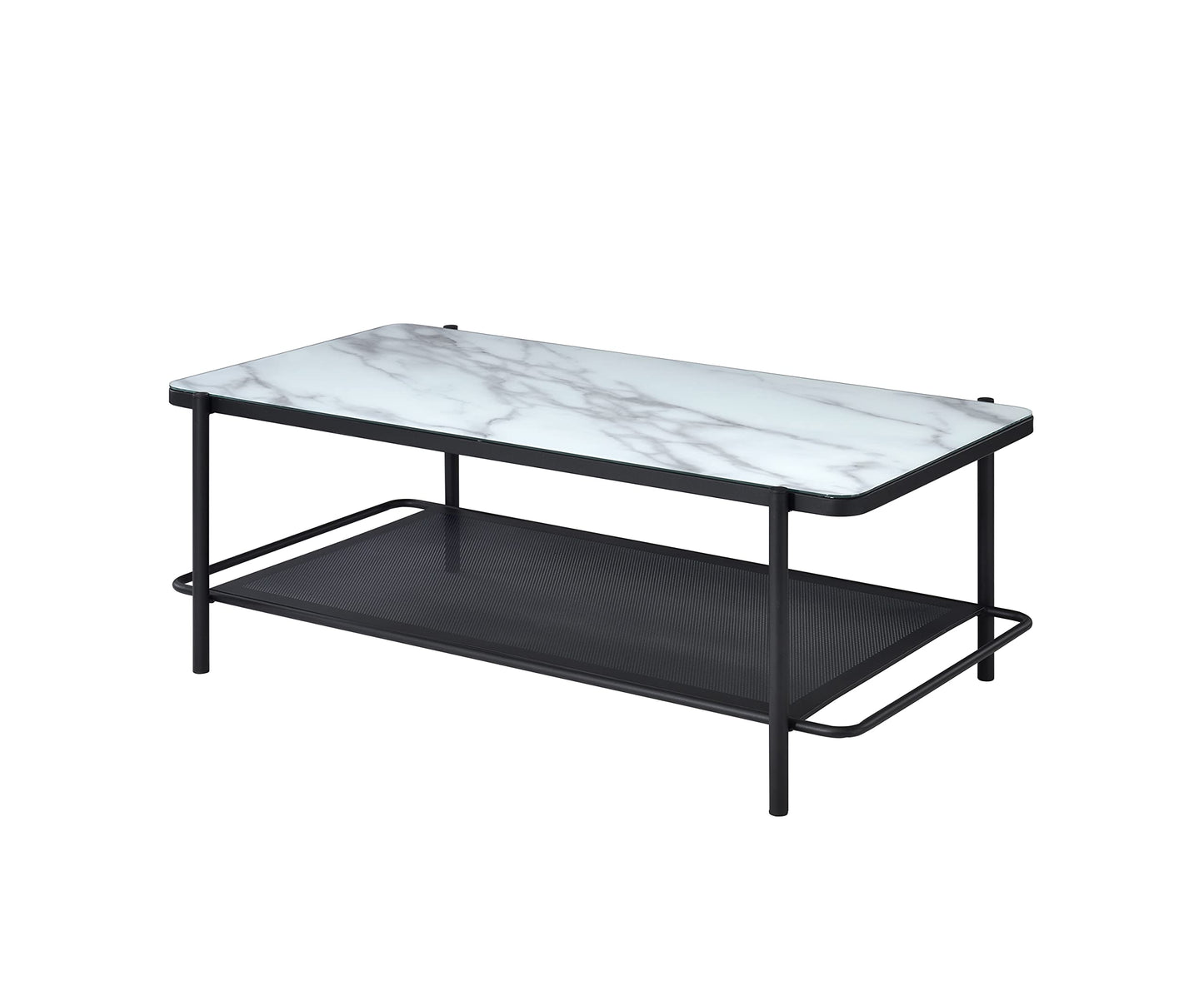 Furniture of America Basil Industrial Faux Marble Top Steel 2-Piece Coffee and End Tables Set with Open Shelves, Black and White
