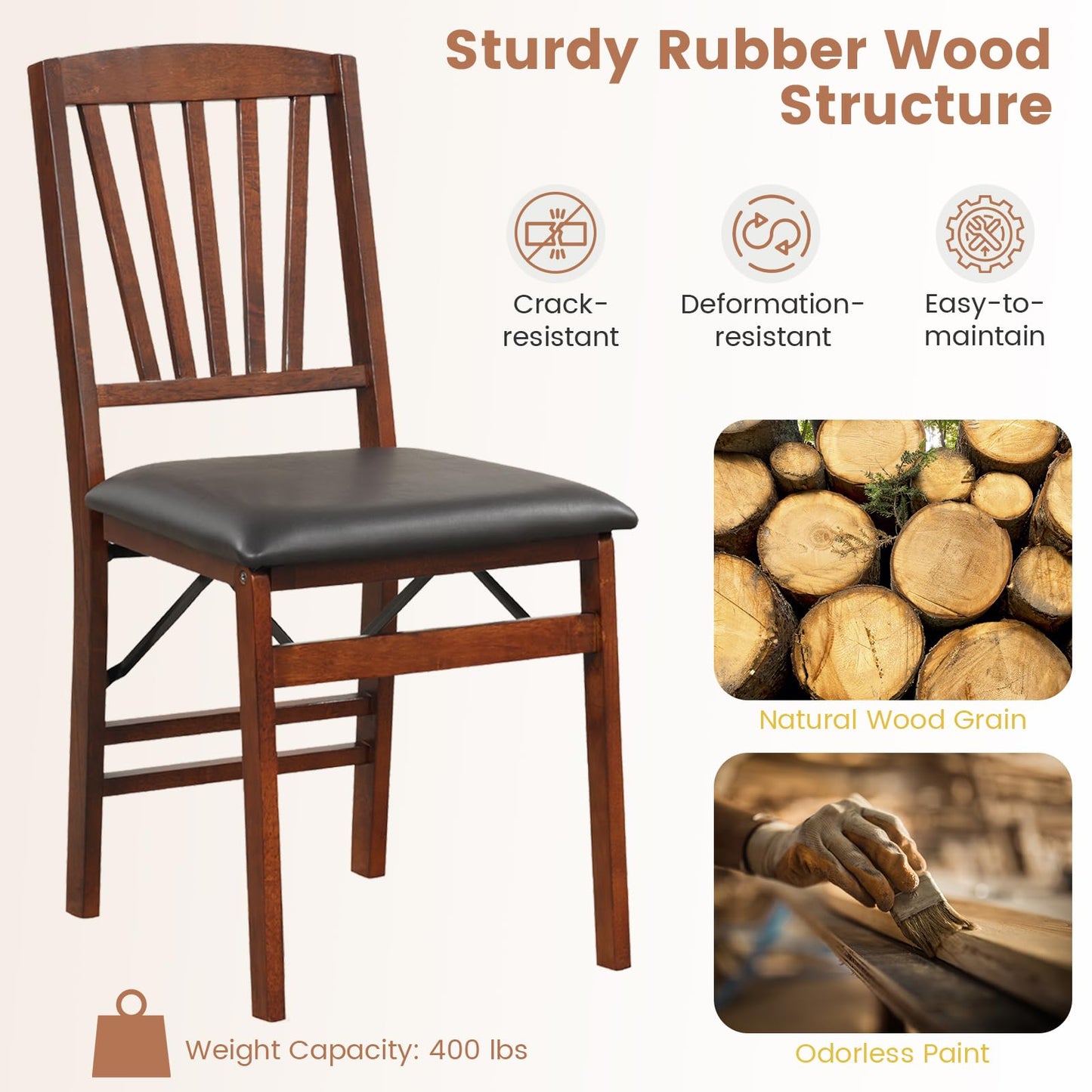 KOTEK Folding Dining Chairs Set of 4, Wooden Kitchen Chairs with Padded Seat & Solid Wood Frame, 400 LBS Weight Capacity, No Assembly Foldable Chair for Dining Room, Living Room
