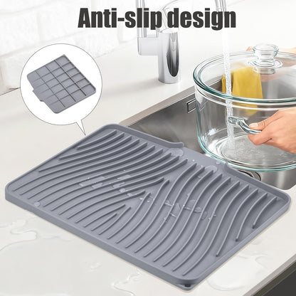 TIKNIK Silicone Dish Drying Mat, Stone Drying Mat for Kitchen Counter with Built-In Drain, Non-Slip Drain Pad with Built-in Drain, Heat Resistant Stone Drying Mat, Hangable, Grey-1pcs, 16" x 12"
