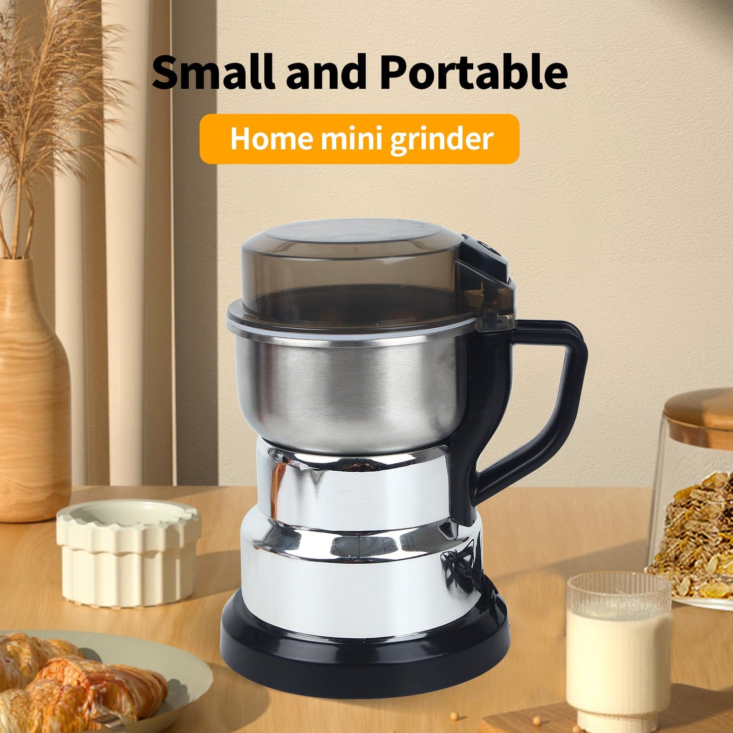 Huitban Electric Coffee Grinders，150-300w Silver Spice Grinder, One-Button Operation to Grinder Coffee Beans, Spices, Dry Herbs, Nuts, etc.1 Plastic Brush and 1 Plastic Spoon Included