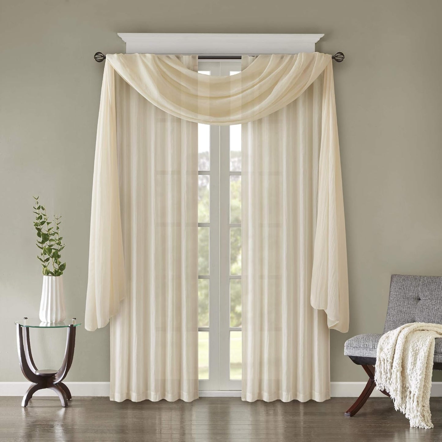 Madison Park Harper Sheer Bedroom Curtain - Modern Contemporary Window Panel for Kitchen, 42" x 144", Cream