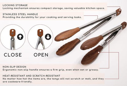 Kitchen Tongs Set - 9" & 12" Anti-Slip Long Wooden Cooking Tongs for BBQ, Grilling, Salad Tossing & Serving - Heat Resistant, Non-Stick Stainless Steel Handles with Hanging Hole