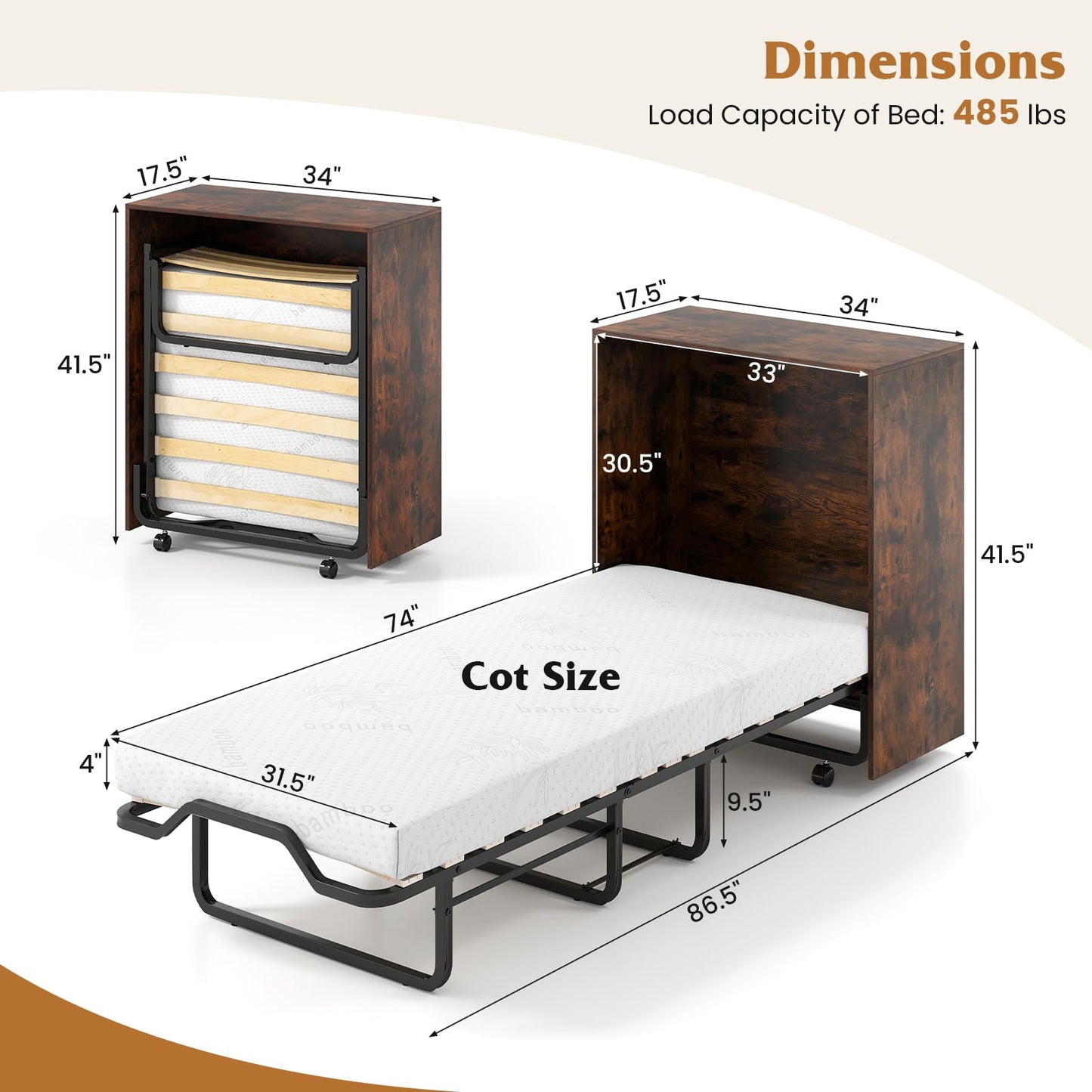 Giantex Murphy Bed Cabinet with Mattress Included, 74" x 31" Cot Size Fold Out Bed with Storage & Lockable Wheels, Metal Frame, 2 in 1 Roll Away Bed with Mattresses for Adults Guests