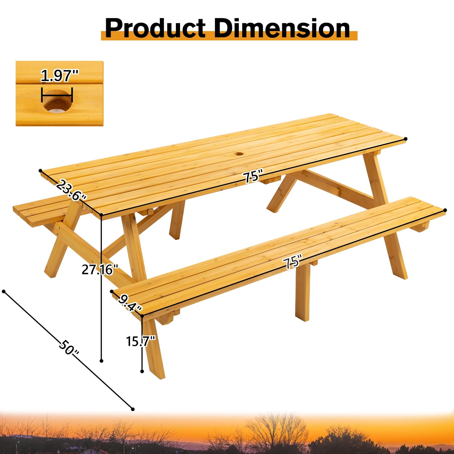 RocVanc Premium Picnic Tables Outdoor Wooden Picnic Table Set with Benches & Umbrella Hole - Stylish and Spacious Seating for 6-8 People - Perfect for Backyard, Porch, and Garden Gatherings