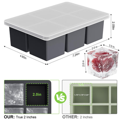 Large Ice Cube Tray for Whiskey: 2" Big Silicone Ice Tray with Lid for Whisky - 3Pack Old Fashioned Ice Cube Trays for Cocktail - Huge Square Cubed Bourbon Ice Cube Maker