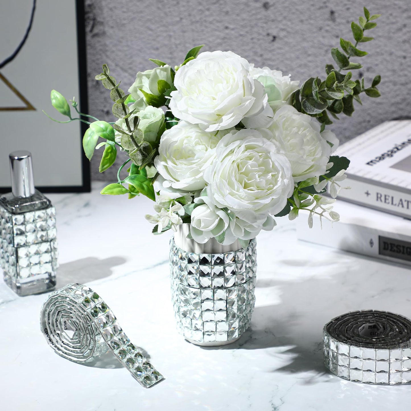 3 Yards Self Adhesive Mosaic Tiles Glass Mirror Mosaic Tiles, Multi-Faceted Diamond Sticker for Glass DIY Art Crafts Gift Decoration, 270 * 1.18 Inch