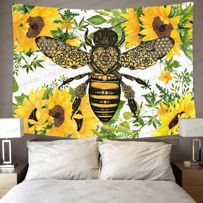 F-FUN SOUL Hippie Bee Tapestry, Large 80x60in Soft Flannel Sunflower Watercolor Art Wall Hanging