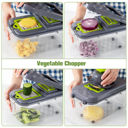 New 2022 Vegetable Dicer Onion Chopper, 22 in 1 Food, Fruits Cutter with 14 Stainless Steel Blades, Adjustable Slicer with Drain Rack Storage Container, Kitchen Gadget
