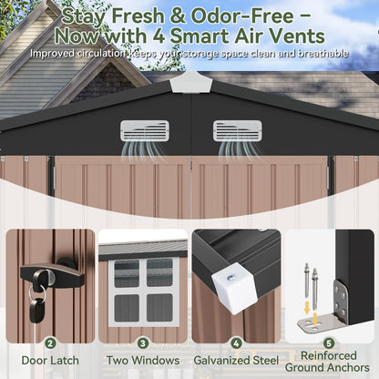 Aoxun 8x12 FT Outdoor Storage Shed with Open Firewood Storage,Galvanized Steel Garden Shed with Lockable Doors,Sloped Roof,Windows, 2 in 1 Large Metal Tool Shed for Patio, Backyard, Lawn (Brown)