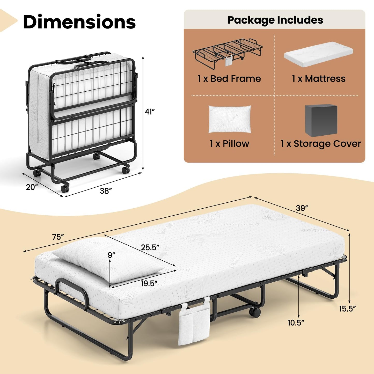 Giantex Twin Folding Bed with 5 Inch Mattress, Rollaway Guest Bed with Top Pillow, Storage Pocket & Metal Frame, Space-Saving Fold up Beds, Portable Roll Away Beds for Adults, 75" x 39"