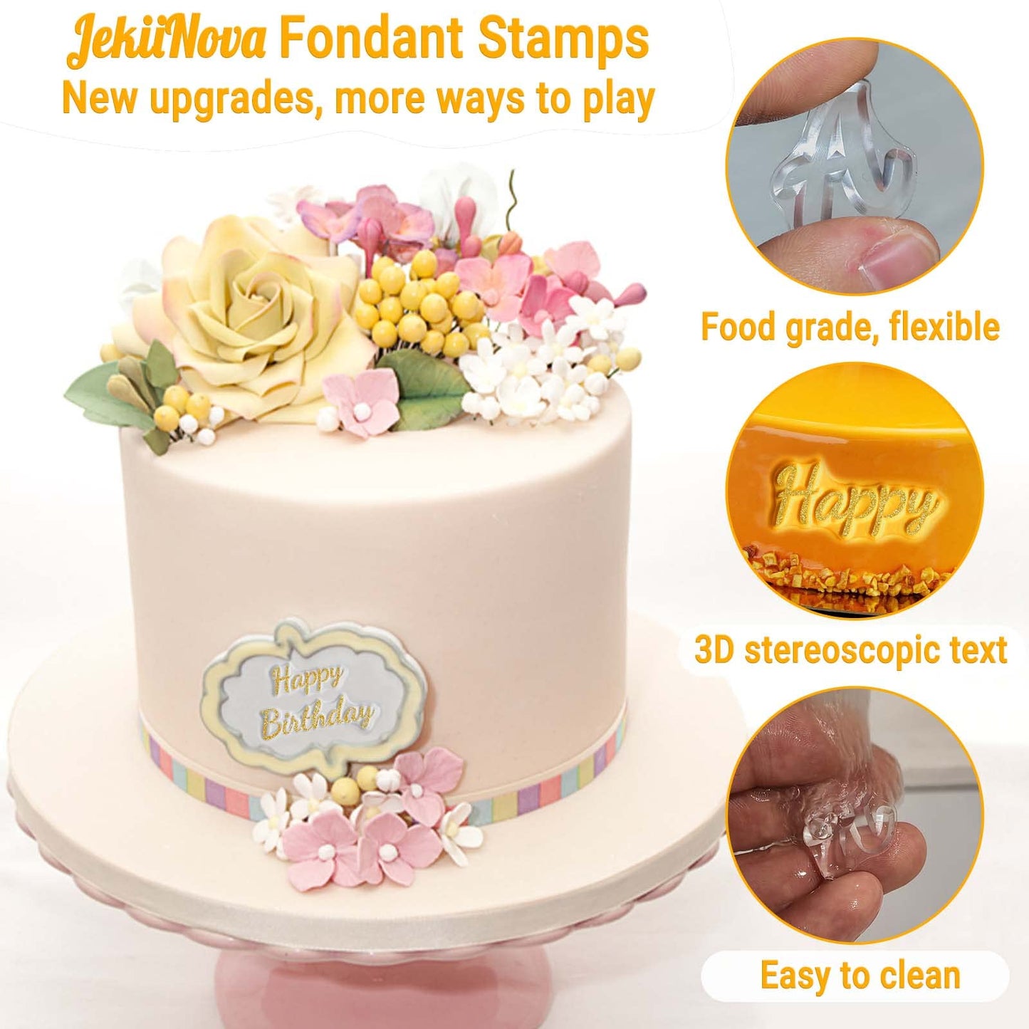 4PCS Alphabet Cake Stamps Tool with Brushes for Fondant Cookie Biscuit, Pretty Handwriting Food Grade Fondant Letter Stamp Uppercase Lowercase Numbers Words Reusable Cookie Stamp for Christmas Party