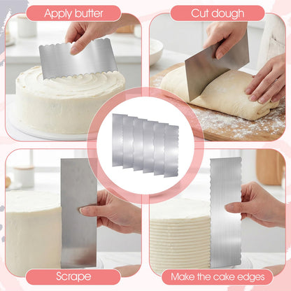 KongTiva 6 Pcs Stainless Steel Cake Scraper, Large Double Sided Patterned Edge Stripe Edge Smoother Scraper 10 Inch & 9 Inch Cake Decorating Comb Metal Pastry Cutter for Butter Mousse Cream Decoration