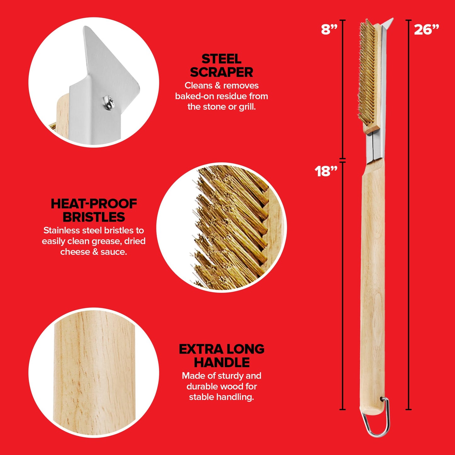 Essential Pizza Oven Accessories Kit- Includes Extra-Long Wooden Handle, 2 Brush Heads with Stainless Steel, Heat-Proof Bristles- + Slicer & Server |Works on Gozney, Blackstone & Pizza Ovens
