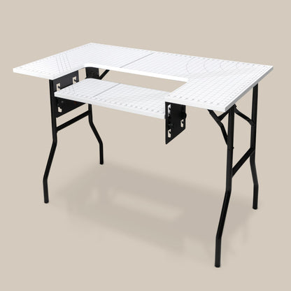 Crutello Folding Sewing Table and Craft Table for Adults - 42x24 inch Grid Top Crafting Desk for Fabric Cutting & Crafts - Steel Folding Storage Legs & Drop Down Sewing Machine Platform