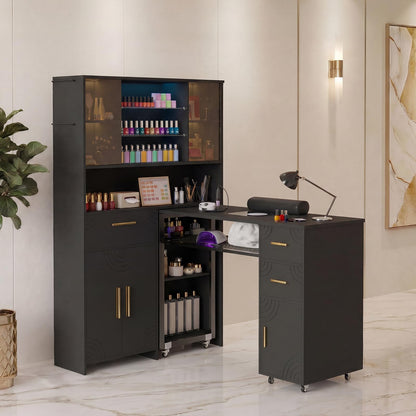 Oakvera Manicure Table with LED Display Cabinet, Mobile Nail Tech Desk Built-in Dust Collector, Nail Station with Double Tabletop, 3 Adjustable Shelves, Open Storage, Drawers & Cabinets, Black