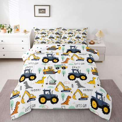 Set Set Kids Excavator Comforter Full, Cartoon Equipment Trucks Bedding for Boys Girls Children, Dinosaur Duvet Insert