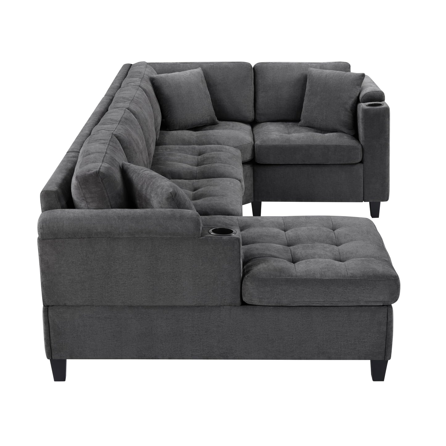 Merax 115.7" U-Shaped Chenille Sectional Sofa, 4 Seat Corner Couch Oversized with Built-in Cup Holders, 3 Pillows, Storage Space for Living Room, Grey