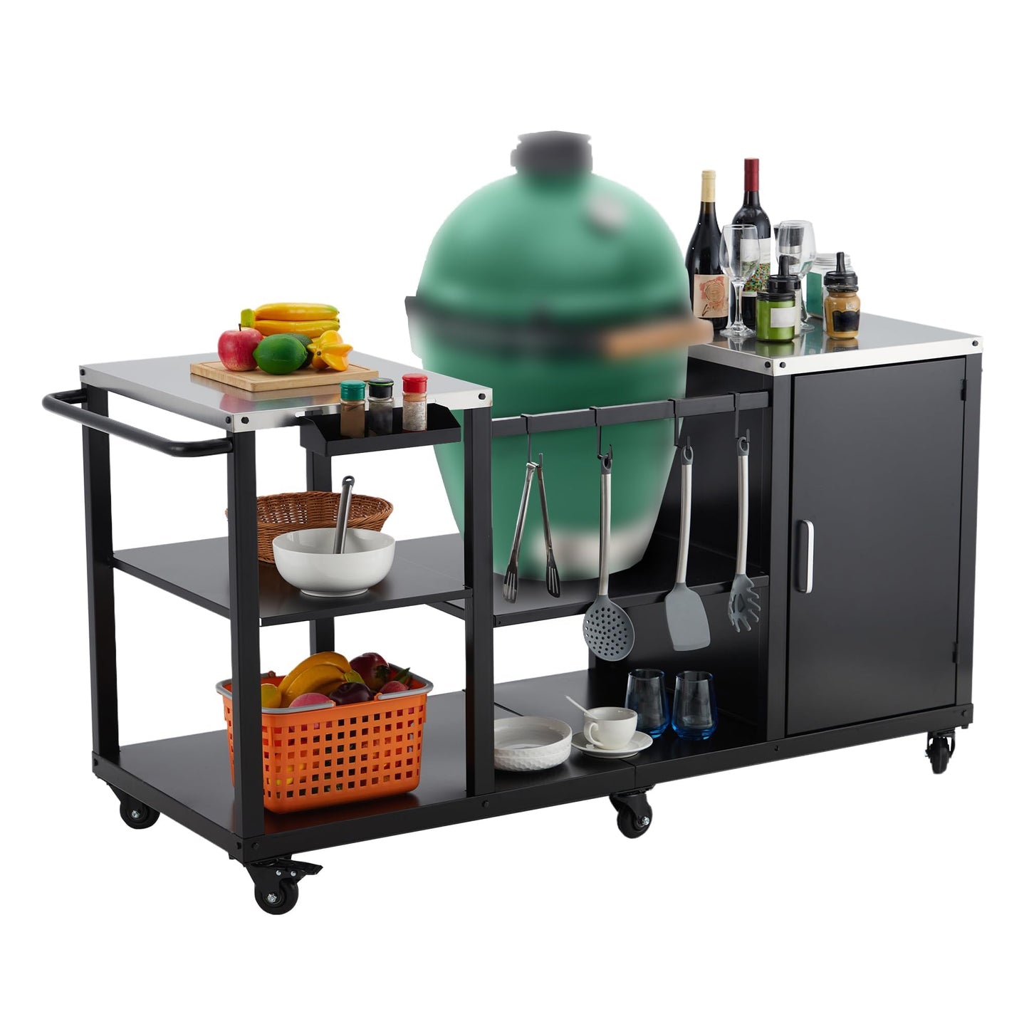Grill Cart for Big Green Egg Style BBQ, Heavy Duty Metal Outdoor Grill Station Prep Table with Storage,BBQ Prep Table with Stainless Steel Top, Storage Cabinet, Outdoor Kitchen Island