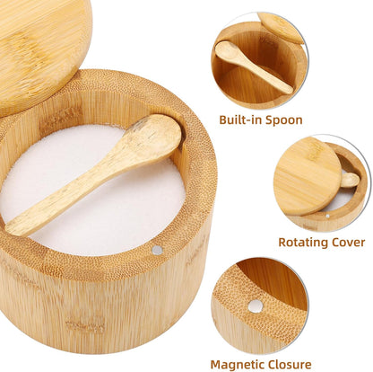 Natural Bamboo Salt and Pepper Bowl, Bamboo Salt Cellar with Built-in Spoon and Magnetic Swivel Lid, Single Compartment