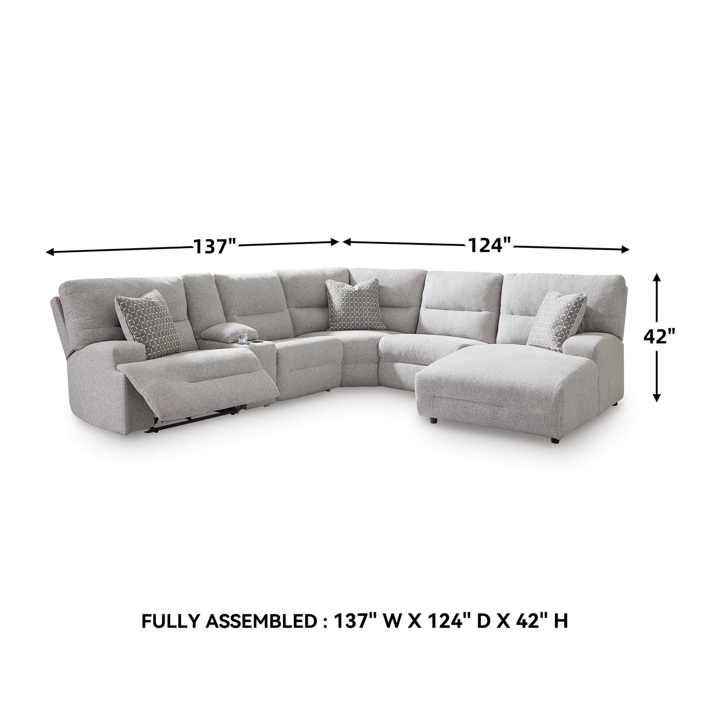 Signature Design by Ashley Acklen Place Modern U-Shaped Modular Stain-Resistant 6-Piece Power Reclining Sectional with Chaise, Adjustable Headrest, USB Charging Ports and Console, Light Gray