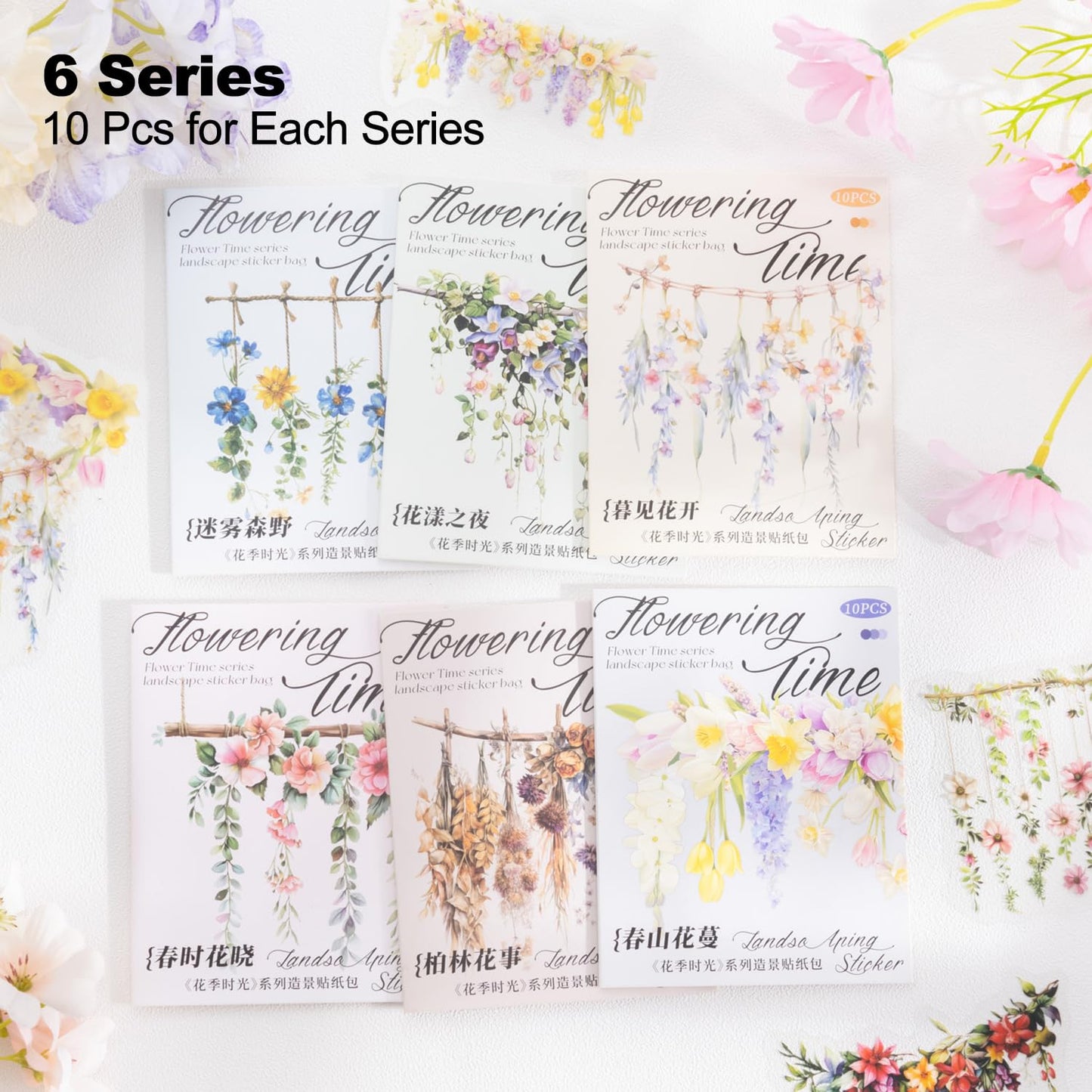 AuriicLeaf Hanging Floral PET Stickers Set, 60PCS Botanical Flower Stickers for Scrapbooking, Journaling, DIY Crafts, and Art Supplies
