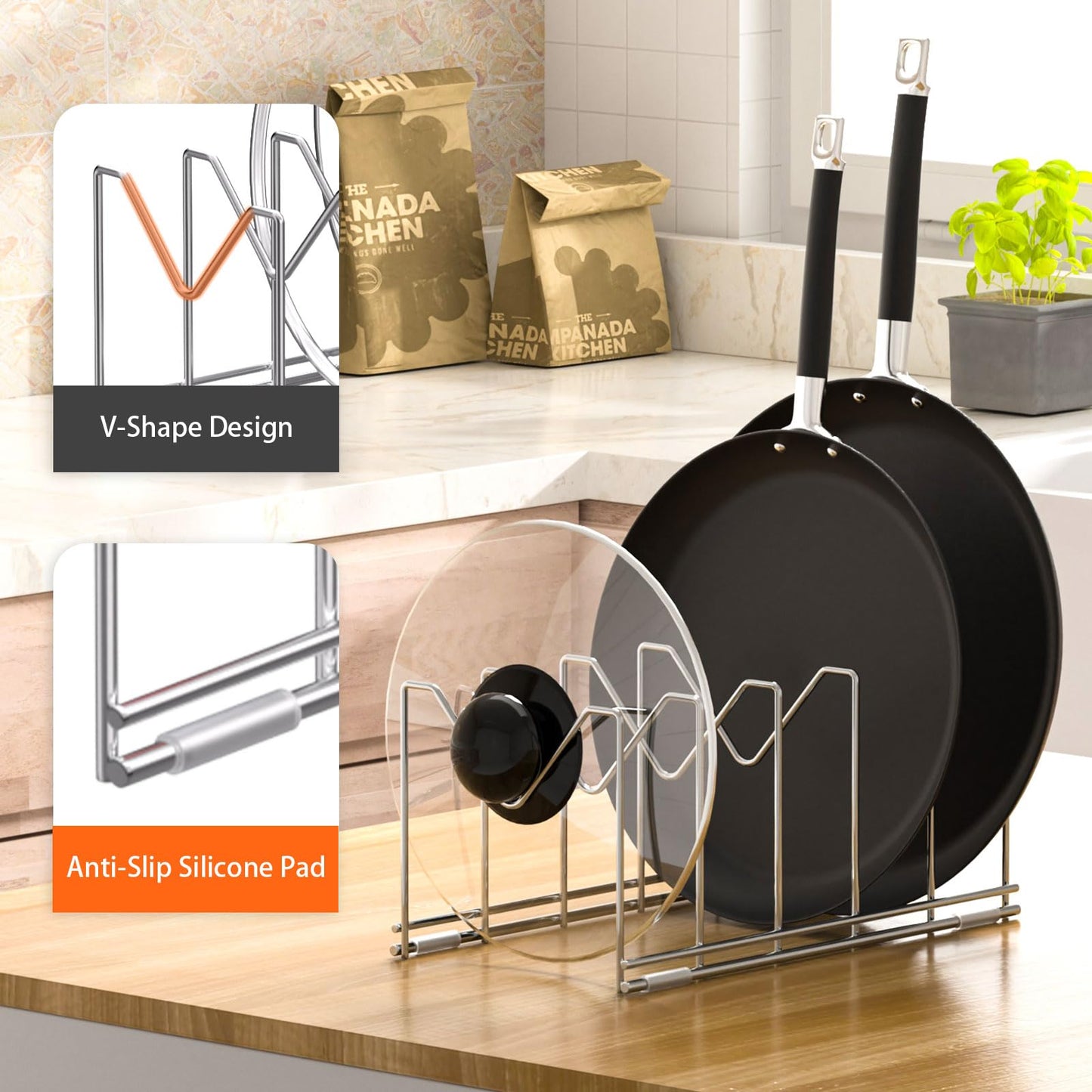 HzTinT 3 Pack Pot Lid Organizer for Cabinet, Stainless Steel Pot Lid Rack with Anti-slip Pad, Lid Holder for Pans Pots, Bakeware, Plates, Cookie Sheets, Trays, Dish, Cutting Boards, Silver